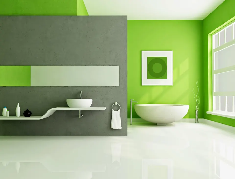 Badezimmer mit grüner und grauer Wandgestaltung